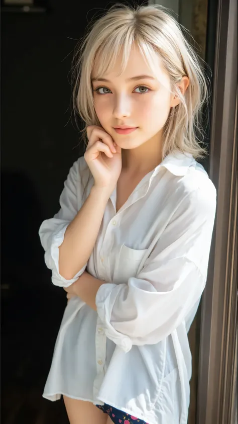 Create a cinematic portrait of a young woman with shoulder-length, light grayish-blonde hair, styled in a slightly tousled manner. She is wearing a loose, white button-up shirt with rolled-up sleeves, giving a casual yet elegant vibe. The lighting is drama...
