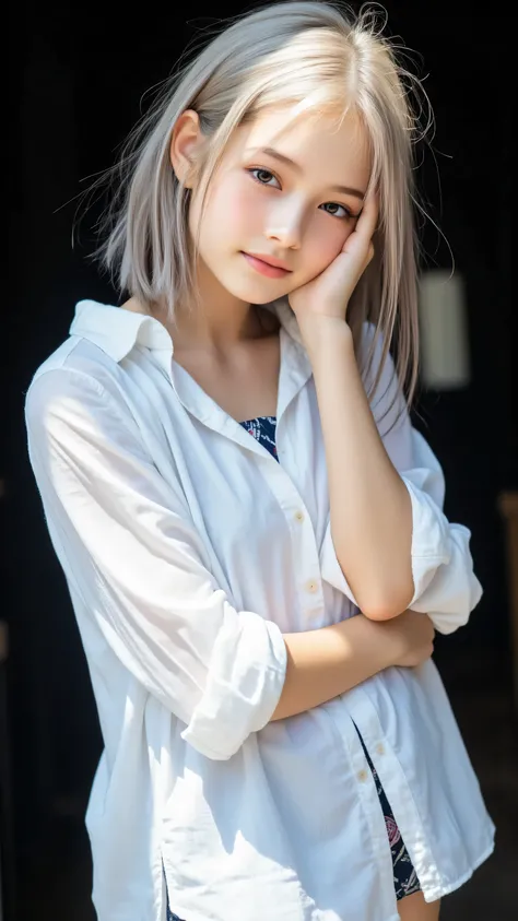 Create a cinematic portrait of a young woman with shoulder-length, light grayish-blonde hair, styled in a slightly tousled manner. She is wearing a loose, white button-up shirt with rolled-up sleeves, giving a casual yet elegant vibe. The lighting is drama...