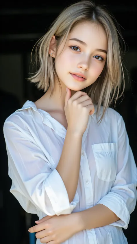 Create a cinematic portrait of a young woman with shoulder-length, light grayish-blonde hair, styled in a slightly tousled manner. She is wearing a loose, white button-up shirt with rolled-up sleeves, giving a casual yet elegant vibe. The lighting is drama...