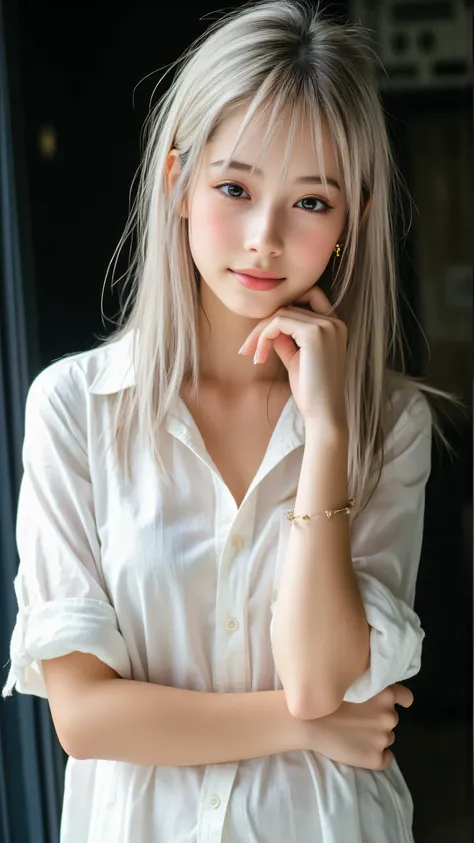 Create a cinematic portrait of a young woman with shoulder-length, light grayish-blonde hair, styled in a slightly tousled manner. She is wearing a loose, white button-up shirt with rolled-up sleeves, giving a casual yet elegant vibe. The lighting is drama...
