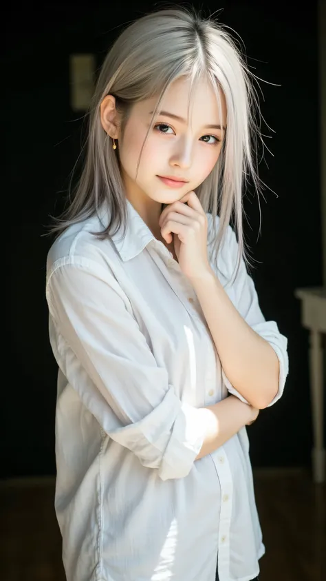 Create a cinematic portrait of a young woman with shoulder-length, light grayish-blonde hair, styled in a slightly tousled manner. She is wearing a loose, white button-up shirt with rolled-up sleeves, giving a casual yet elegant vibe. The lighting is drama...