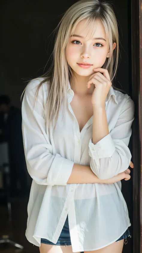 Create a cinematic portrait of a young woman with shoulder-length, light grayish-blonde hair, styled in a slightly tousled manner. She is wearing a loose, white button-up shirt with rolled-up sleeves, giving a casual yet elegant vibe. The lighting is drama...