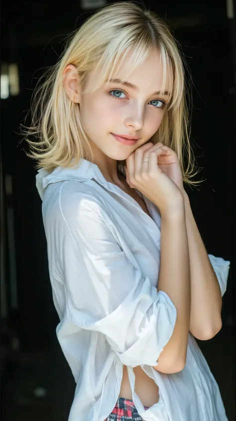 Create a cinematic portrait of a young woman with shoulder-length, light grayish-blonde hair, styled in a slightly tousled manner. She is wearing a loose, white button-up shirt with rolled-up sleeves, giving a casual yet elegant vibe. The lighting is drama...