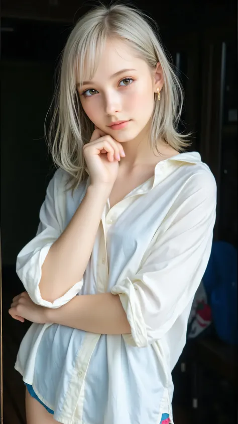 Create a cinematic portrait of a young woman with shoulder-length, light grayish-blonde hair, styled in a slightly tousled manner. She is wearing a loose, white button-up shirt with rolled-up sleeves, giving a casual yet elegant vibe. The lighting is drama...