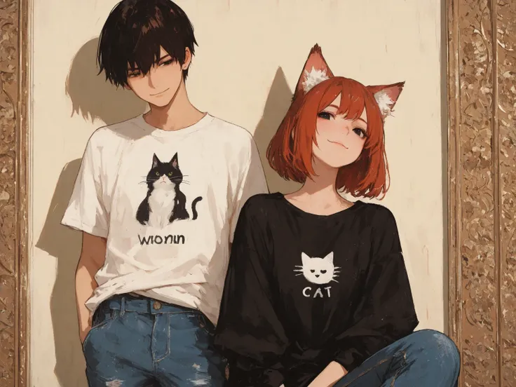 (masterpiece,best quality),a couple\(a cat-ear woman and normal human man\),the cat-ear woman\(cat-ear,fluffy ear,details of cat-ear,red-brown hair,big black eyes,gentle smile,casual clothes,T-shirts,jeans\),the man\(male,black short hair,simple casual wea...