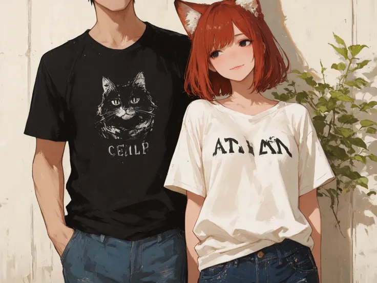 (masterpiece,best quality),a couple\(a cat-ear woman and normal human man\),the cat-ear woman\(cat-ear,fluffy ear,details of cat-ear,red-brown hair,big black eyes,gentle smile,casual clothes,T-shirts,jeans\),the man\(male,black short hair,simple casual wea...
