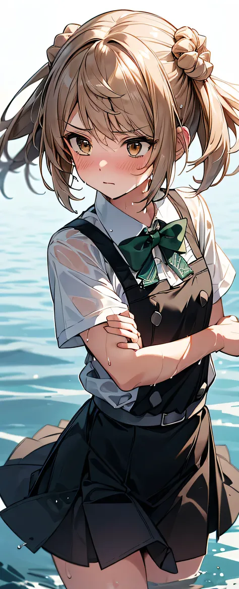 MichishioKC, 1 girl, Solo, Cute Girl,Best Quality, Ultra-detailed, 8K, High resolution, detailed face, upper body, standing on the water, embarrassed, black dress, white shirt, short sleeves, green bowtie, (((wet clothes, wet hair,)))