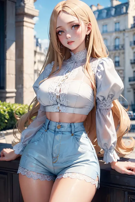 (((Masterpiece,best quality,aburdres))), a top influencer woman, top quality, ultra-detailed, sweet and sophisticated, classic style, fair skin, long curly blonde hair in hair clip, white lace crop top with puff sleeves, white high waist button up shorts, ...
