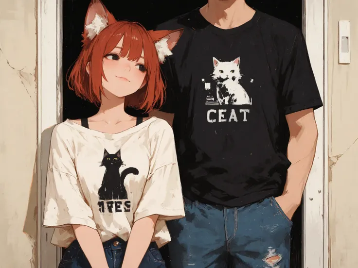 (masterpiece,best quality),a couple\(a cat-ear woman and normal human man\),the cat-ear woman\(cat-ear,fluffy ear,details of cat-ear,red-brown hair,big black eyes,gentle smile,casual clothes,T-shirts,jeans\),the man\(male,black short hair,simple casual wea...