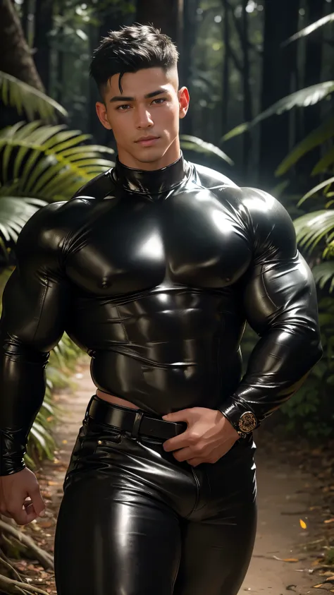 (Ultra realistic, intricate details, photorealistic, 8K HD, bright forest lightings,rich contrast), Detailed realistic, a handsome korean muscular young boy, powerful and intimidating, godly presence, young god|tarzan, ager face, beautiful, smooth dark bro...