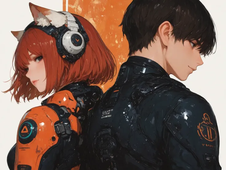 (masterpiece,best quality),a couple\(a cat-ear woman and normal human man\),the cat-ear woman\(cat-ear,fluffy ear,details of cat-ear,red-brown hair,big black eyes,gentle smile,simple persuit style costume\),the man\(male,black short hair,simple persuit sty...