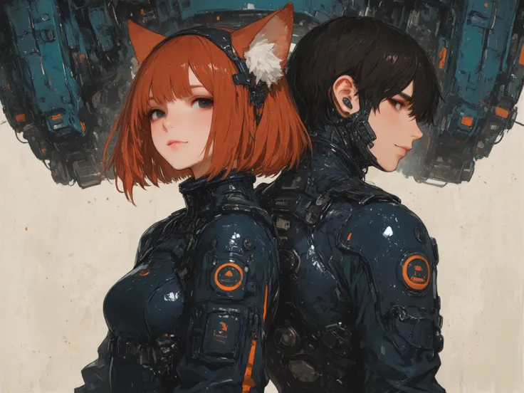 (masterpiece,best quality),a couple\(a cat-ear woman and normal human man\),the cat-ear woman\(cat-ear,fluffy ear,details of cat-ear,red-brown hair,big black eyes,gentle smile,simple persuit style costume\),the man\(male,black short hair,simple persuit sty...