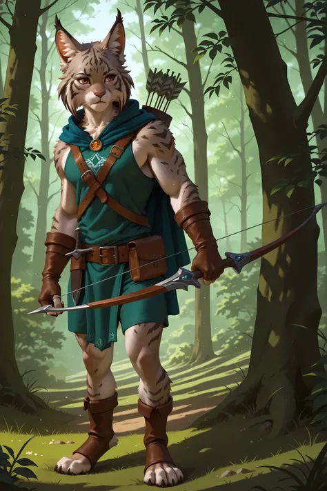 Anthropomorphic {{{male lynx}}} in a fantasy blue ranger's cloak, with a quiver of arrows on his back, with a dagger on his belt, stands with a wooden bow in his hands at full height among the woods with high detail, correct anatomy, symmetrical eyes, beas...