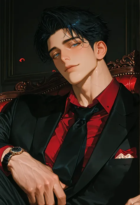 8k, beautiful masterpiece, 1 man, 32 years old male, mature, handsome, 187cm, Italian, cold expression, alone, muscular, pectoral muscles, close, Focus on face, black suit with a red shirt and matching pocket square, black tie added, jet black hair, Short ...