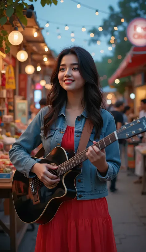 🎥 Prompt 2: Colorful Street Market at Twilight – Indie Spirit Scene: A vibrant street market in the evening, twinkling fairy lights above, colorful stalls around, lively but romantic atmosphere. Outfit: indian girl rocks a trendy denim jacket over a soft c...