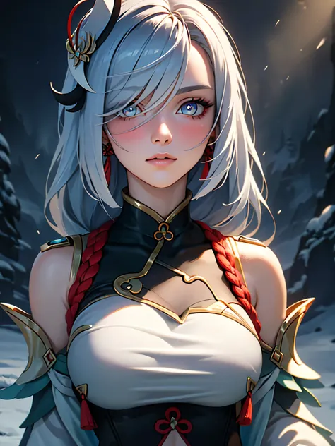 shenhedef, upper body, seductive look, blush, outdoors, snowflake scenery, looking at viewer, cloudy, moody lighting, (perfect detail eyes:1.2), glowing eyes, (long hair one braid:1.2), elemental skill effect, (Masterpiece, Best Quality, High Quality:1.4),...