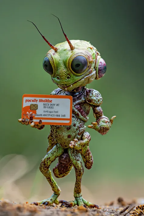 full body, small disgusting monster alien insect, holding one paying card, funny