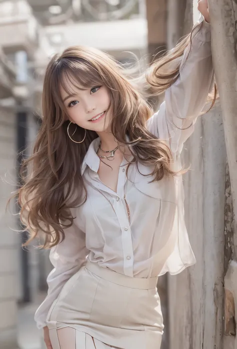 masterpiece, Highest Quality, photorealistic, ultra detail, fine-grained, high resolution, 8k Wallpaper, 1 beautiful woman,, Light brown beautifully flowing hair, white squish business blouse, perfect dynamic composition, beautifully detailed eyes, detaile...