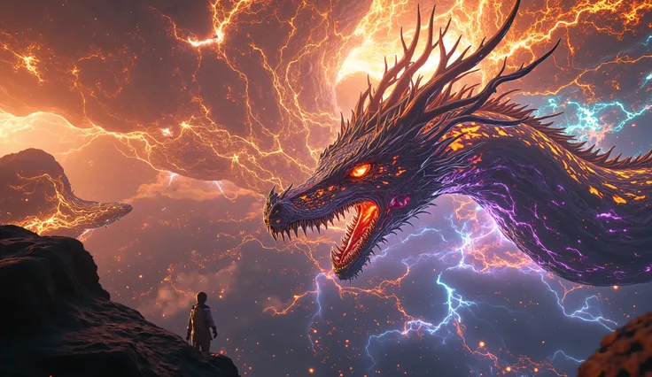 majestic battle between dragons and advanced space fleets, phoenixes igniting solar storms across crystal archipelagos, krakens pulling battleships into shimmering voids, cosmic arena suspended among glowing nebulae and meteor showers, ultra-detailed 8k ci...