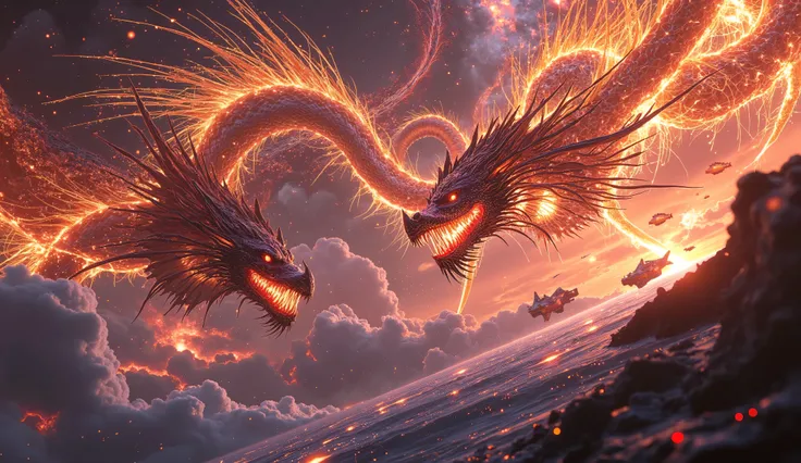 majestic battle between dragons and advanced space fleets, phoenixes igniting solar storms across crystal archipelagos, krakens pulling battleships into shimmering voids, cosmic arena suspended among glowing nebulae and meteor showers, ultra-detailed 8k ci...