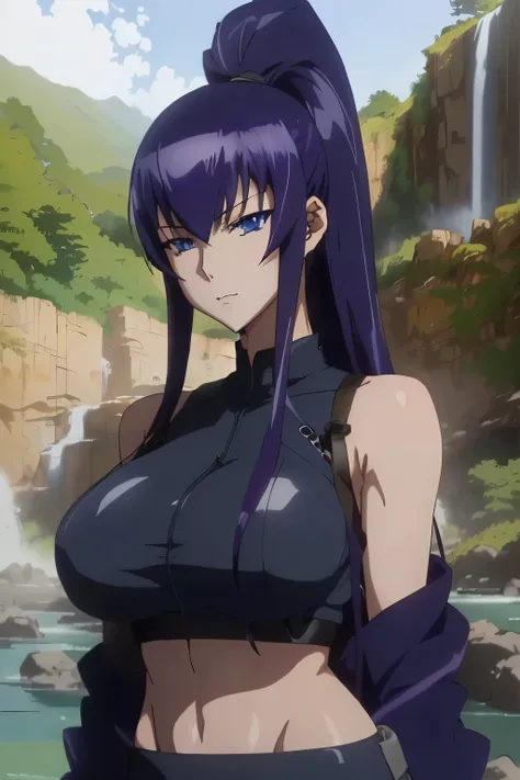 anime girl with long purple hair and blue eyes posing in front of a waterfall, Saeko Busujima, noire moody scene, anime style like fate/stay night, seductive anime girl, Saeko Busujima, female anime character, official anime still, fus rei, in the anime fi...