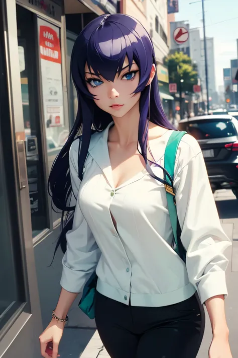 Create an image inspired by Saeko Busujima from Highschool of the Dead in casual clothes walking through the city.