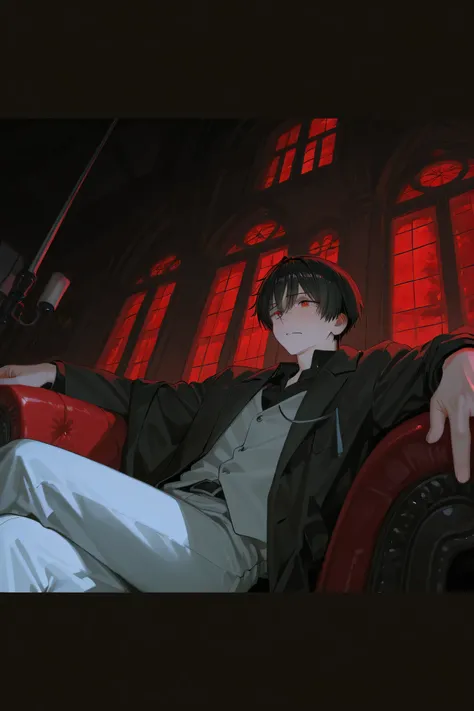 Black short hair with red eyes. He has a cold expression. 0.5 range. Half body. A teacher suit. With a coat. Curtain part bang. 1male. White window behind him. 