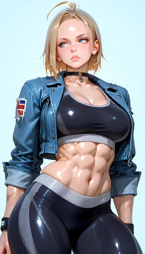 masterpiece, best quality, amazing quality, hyper-detailed, newest, very aesthetic, 1girl, thick thigh, Sweaty, big breasts, large thighs, shiny, shiny muscle, CammySDXL, short hair, blue eyes, blonde hair, navel, medium breasts, jacket, open clothes, chok...