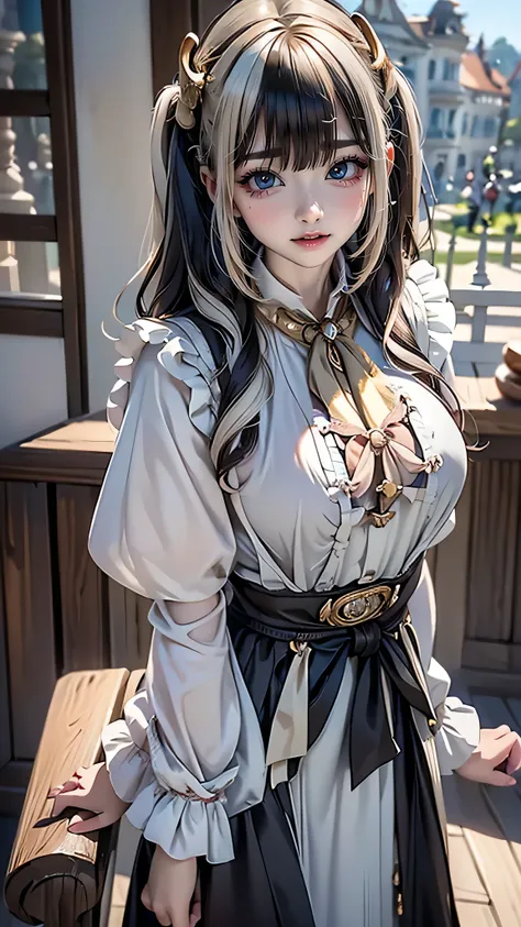 ((Top Quality)), ((Masterpiece)), (Detail), perfect face, fine eyes, depth of field, special shading, ((cowboy shot)), one beautiful girl, seductive Lips, medium breasts, Smile, white hair, ((highlights hair, multicolored hair)), natural wavy hair, (Chiems...