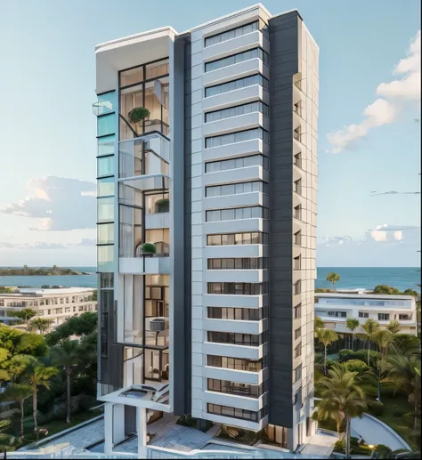 A photorealistic high-quality 3D rendering of a modern mid-rise apartment building, 8 floors, with a clean minimalistic design. White and dark gray color palette, sharp cubic forms, deep balconies with glass railings, and wooden textures on selected balcon...