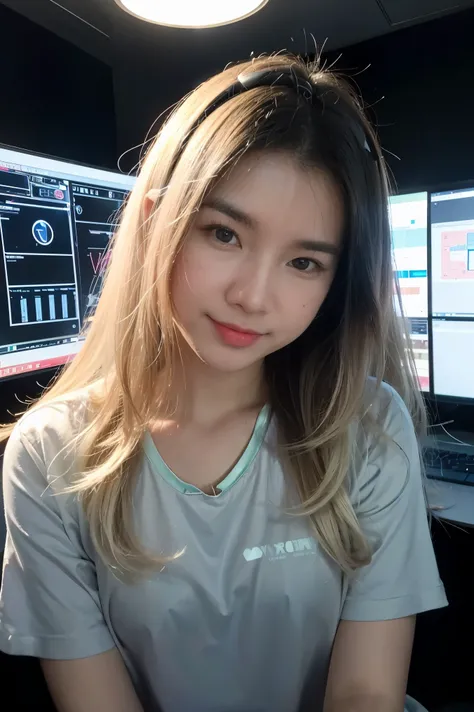 1 girl, alone, very long hair, white hair, closed mouth, smile, head-mounted visor, monitor, dark, blushing, head tilt. A stunning holographic AI assistant, glowing with futuristic blue and silver hues, sleek and sophisticated, wearing a stylish, form-fitt...