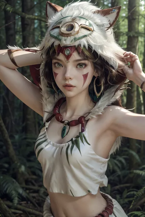 3D style ,。.。. 3DMM ,.。. 3D , (masterpiece , Best Quality:1 . 1) , Ghibli style , San (princess mononoke) , 1girl in , beautiful young girl, (XIII-years-old), armlet , , short Black hair , with Parted bangs , small breasts , flat chest, (topless), nipples...