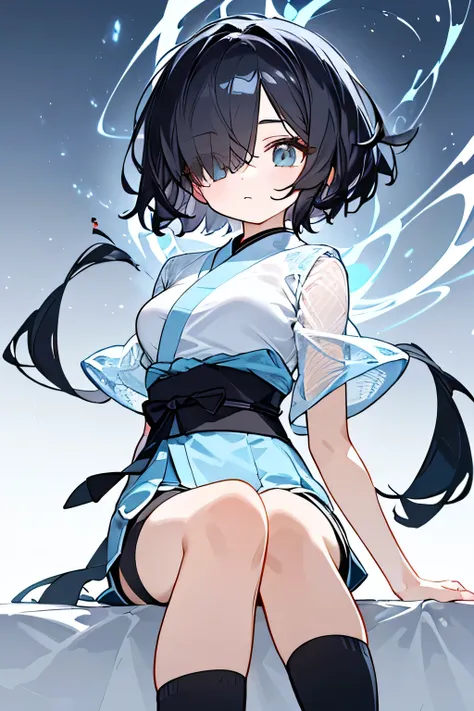 NINJA WIND,((Hair covering one eye)),mystical atmosphere, natural body,( mesh short sleeve+shorts=Light blue ninja costume,), socks,detailed clothes,(slender figure,marshmallow breasts ,),beautiful black hair,well-groomed face,clear skin,Fair skin,Japanese...