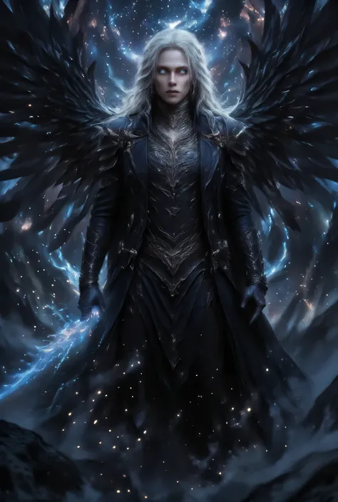 Hyperreal Cinematic Full body shot of an imposing man with long, luxurious white hair and bright piercingblue eyes behind sharp, handsome aquiline facial features. He is impeccably dressed in a sleek, black, high-collared coat and tailored vest with intri...