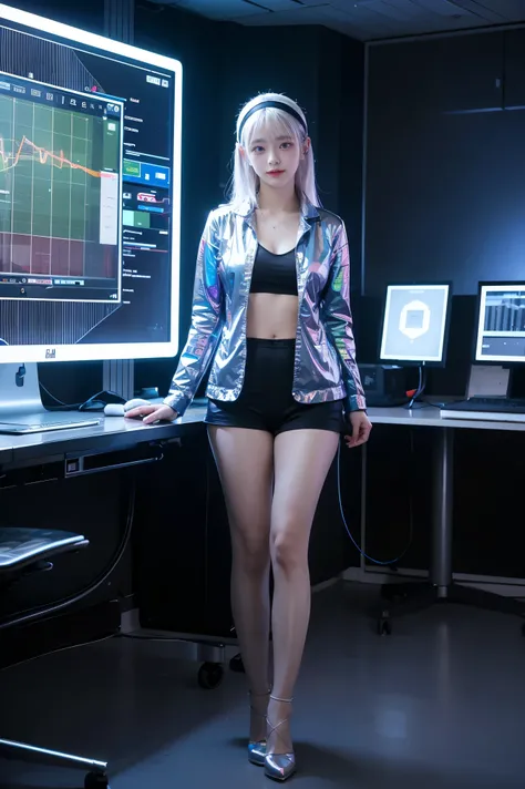 1 girl, alone, very long hair, white hair, closed mouth, smile, head-mounted visor, monitor, dark, blushing, head tilt. A stunning holographic AI assistant, glowing with futuristic blue and silver hues, sleek and sophisticated, wearing a stylish, form-fitt...