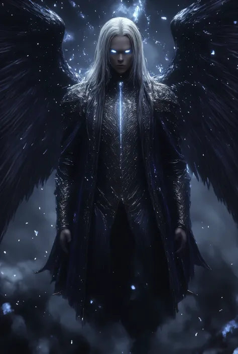  Hyperreal Cinematic Full body shot of an imposing man with long, luxurious white hair and bright piercingblue eyes behind sharp, handsome aquiline facial features. He is impeccably dressed in a sleek, black, high-collared coat and tailored vest with intri...