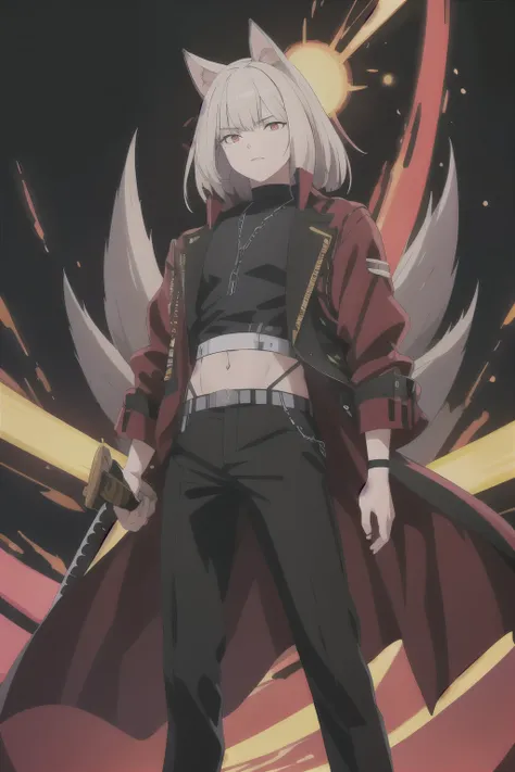best quality masterpiece, Create a stylish, bold anime-style male character with spiky hair, cool glowing eyes, wearing a black or red jacket, standing in front of a neon city or floating energy background."
(Vibe: powerful, mysterious, like a main charact...