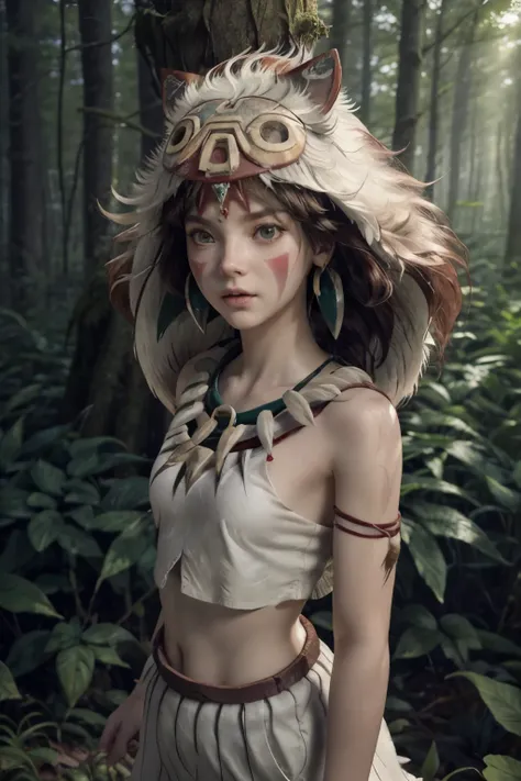 3D style ,。.。. 3DMM ,.。. 3D , (masterpiece , Best Quality:1 . 1) , Ghibli style , San (princess mononoke) , 1girl in , beautiful young girl, (XIII-years-old), armlet , , short Black hair , with Parted bangs , small breasts , flat chest, (topless), nipples...