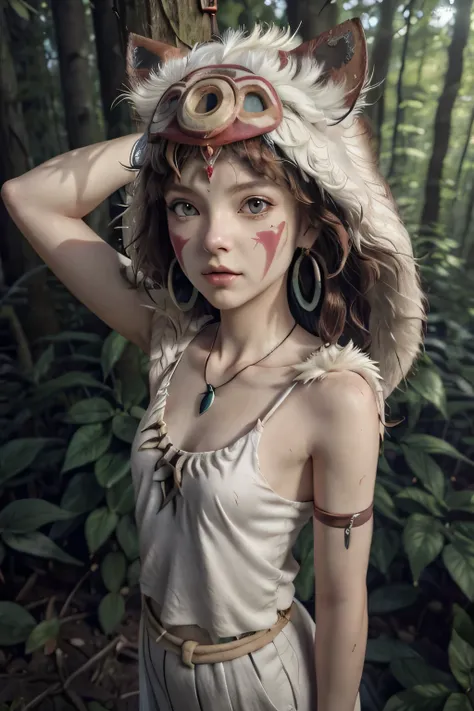 3D style ,。.。. 3DMM ,.。. 3D , (masterpiece , Best Quality:1 . 1) , Ghibli style , San (princess mononoke) , 1girl in , beautiful young girl, (XIII-years-old), armlet , , short Black hair , with Parted bangs , small naturel breasts , flat chest, (topless),...
