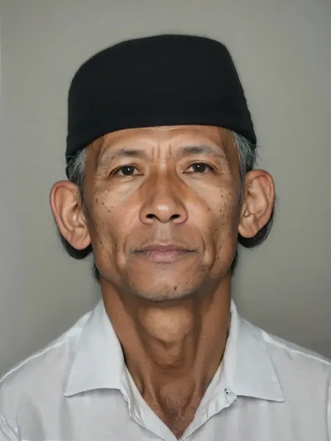 Image or photo description: A hyper realistic portrait of a afared man with a white shirt and black hat on his had, 50 years old man, an indonesia., Her skin is smooth and evenly lit, with highly detailed texture and no blur. His expression is calm and neu...