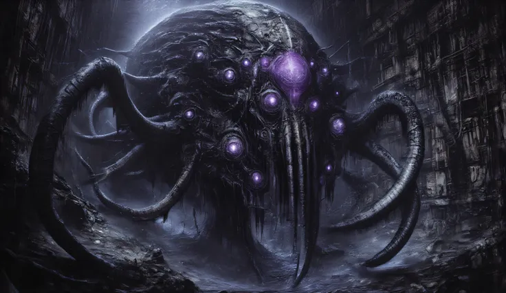A deep cave. A mysterious ancient machine full of long tentacles and purple eyes. Horror