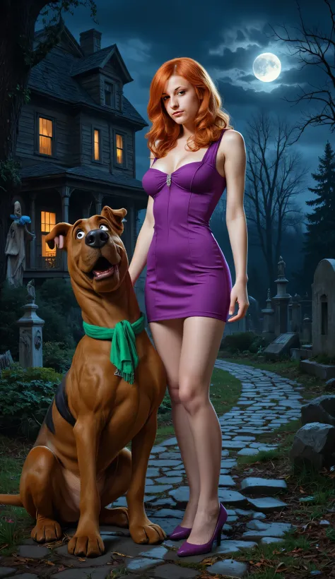 Daphne Blake with Scooby Doo , beautiful woman, delicate and sensual, young, ginger hair, black eyes , Purple mini dress, green scarf , slim body, Small and beautiful breasts , small and beautiful buttocks , purple shoes, sensual, m...