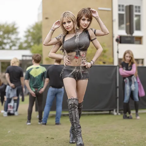Two-headed ohwx, full body, wide shoulders, space between heads, with four arms, light makeup, one head with beautiful blonde hair, one head with thick rainbow hair, one head wearing a beanie, (thick bangs:1.3), (messy shoulder length hair), woman, ((eyeli...