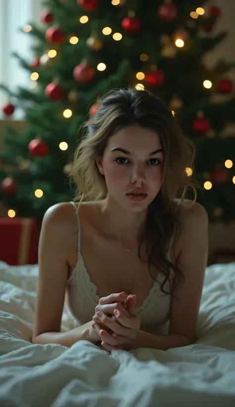
Nude, , girl, laying on side, in front of christmas tree, hands tied, looking scared, bondage