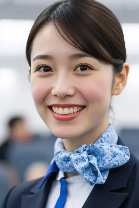 (Highest Quality、table top、8k、winning job、 ultra high resolution 、Best Picture Quality)、(a beautiful woman in an ANA flight attendant uniform:1.1)、(  white polyester collared shirt、navy blue uniform、Navy blue pencil mini skirt、scarf wrapped around the neck...