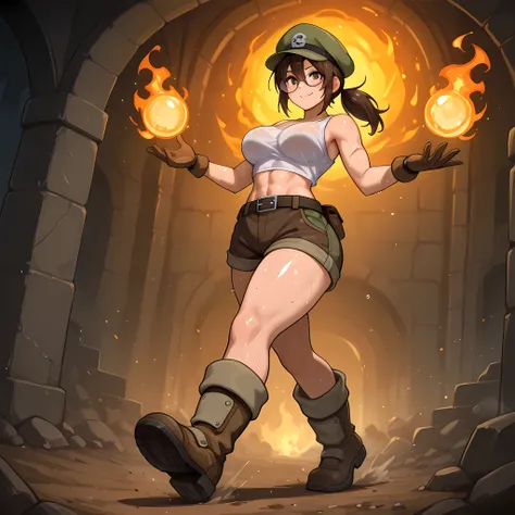 ((woman holding a bloodstained revolver, fire energies emanating from the body, fire spheres coming out of the hands, fire circling the ground, front angle, perfectly detailed eyes, better sharpness, better contrast, better shading, better image quality, s...