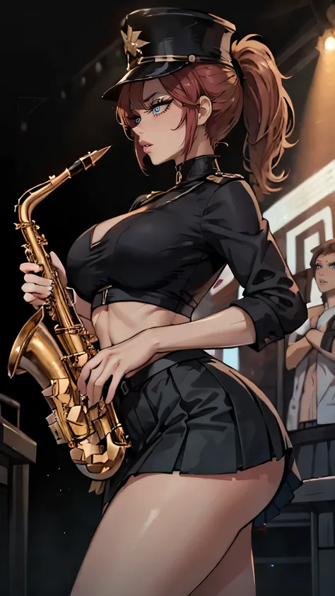 Beautiful woman, (Play the saxophone), caderas anchas, big breasts, small waist, Open stomach, short pleated skirt, tight military tunic, choke, Ponytail, sweet and shiny skin, on the musical stage, crew, expressive, High Quality, front view