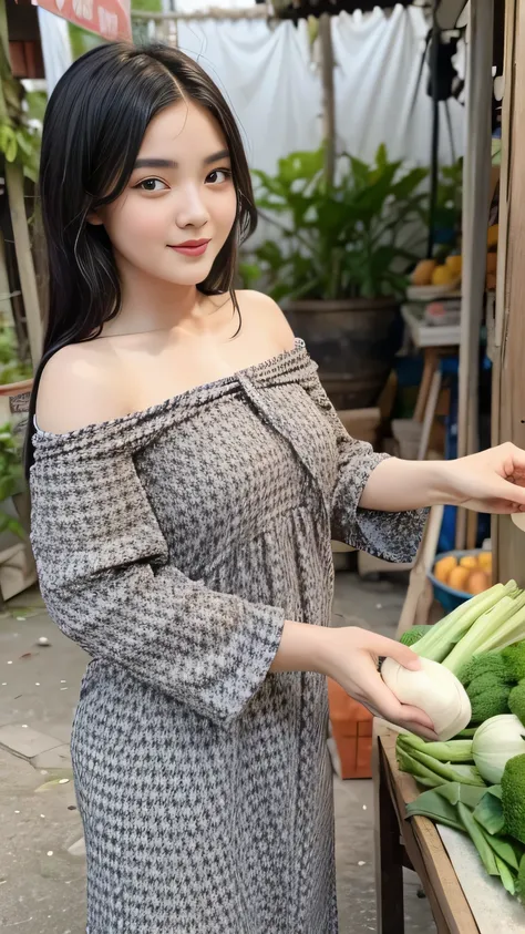 1 girl, solo, black hair, The village girl was selling vegetables in the market, using a patung dress of fabric and wearing a white tangtop labelled 'TOBRUT BAIIK'