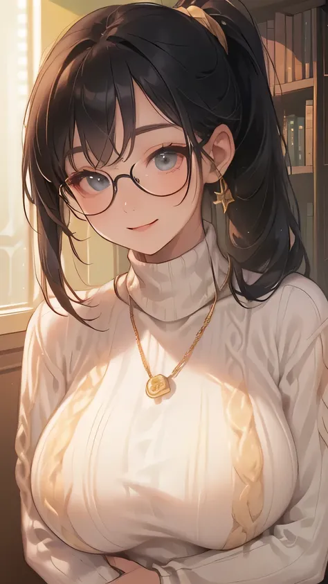 ((Big Breasts:1.6))、((( long ponytail upped:1.9、 Black Hair、Glasses、 gold necklace)))、((turtleneck white sweater:1.4))、((A cheerful expression:1.4))、 PORTRAIT、 Closeup 、 Libraries 、Wall of books 、masterpiece、Best Quality、 elaborate details 、 real、