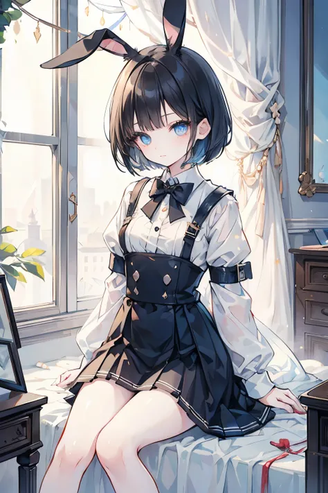 1 bunny-eared girl、black hair、black rabbit ears 、blue eyes、cute、bob cut、overview、uniform、no exposure、room、 is sitting